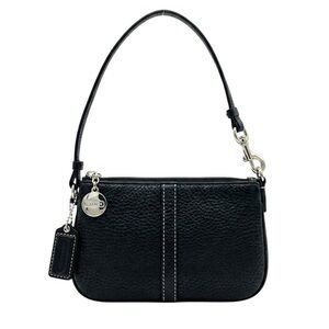 Coach Black Pebbled Leather Mini Wristlet White Stitching Silver Hardware
